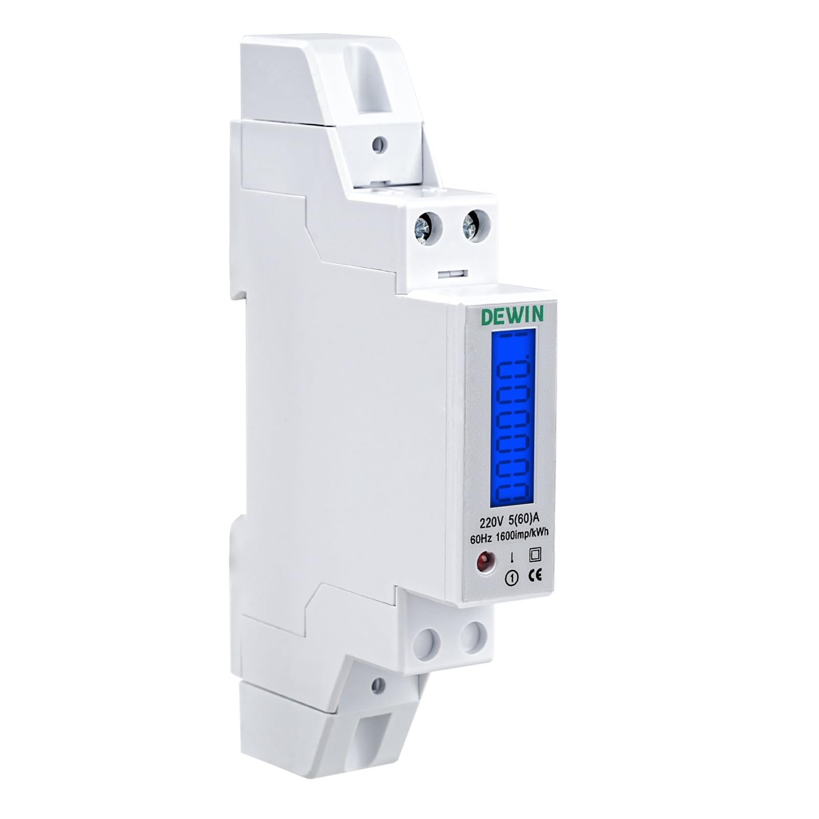 DEWIN Single Phase Electric Energy Meter 60A, 5(60) A Pulse Output 1600imp/kWh Digital Electric Energy Meter 220V Din Rail Mount LCD Display Energy Monitor