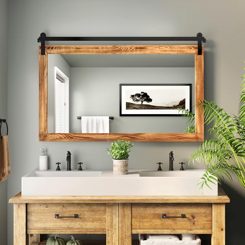 Image of COGOOD Farmhouse Bathroom Mirror - 49 x 30 Rustic Wood Framed Wall Barn Door Mirror for Entryway, Living Room, Entryway Wall Decor (Brown)