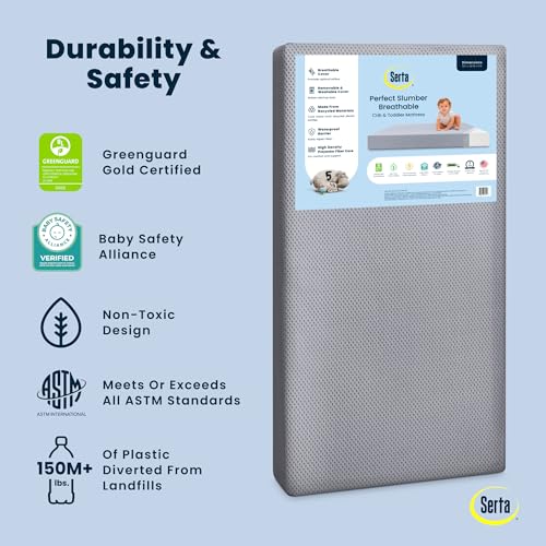 Image of Serta Perfect Slumber Breathable Two-Stage Crib Mattress and Toddler Mattress - Breathable Cover and Fiber Core, Machine Washable Cover, Waterproof, 7 Year Warranty, Made in USA