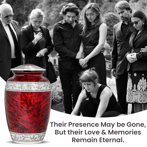 Image of Hand-Engraved Red Urn for Ashes for Women & Men with Ash Necklace & Velvet Bag | Red Marble Finish Metal Cremation Urns for Human Ashes Adult Man | Elegant Burial & Funeral Urn - Large, 220 lbs