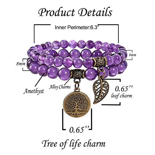 Bivei Amethyst Quartz Beaded Bracelets Chakra Crystal Healing Tree Of Life And Leaf Charm Bracelet Natural Semi-Precious Gemstone Stretch Bracelets Set For Women Calm And Anxiety Relief #TOP2
