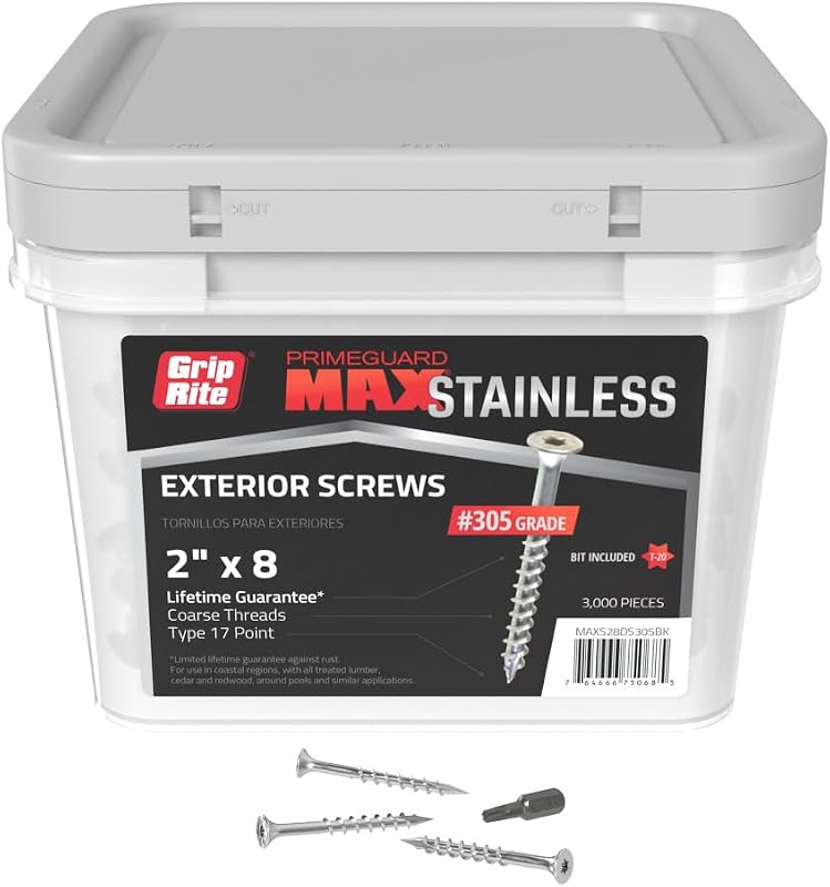 Grip-Rite PrimeGuard Max Deck Screws for Outdoor Projects - Bugle Head - Coarse Thread Wood Screws - T20 Star Drive - 305 Stainless Steel - #8 x 2-3000 Screws - MAXS28DS305BK