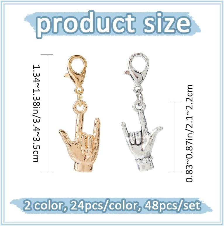 SUPERFINDINGS 48Pcs 2 Colors I Love You Hand Charms Clip On Charms Hand Sign Language Charm Pendant Alloy Dangle Pendants with Lobster Clasps Zipper Pulls for DIY Crafts Making image 2