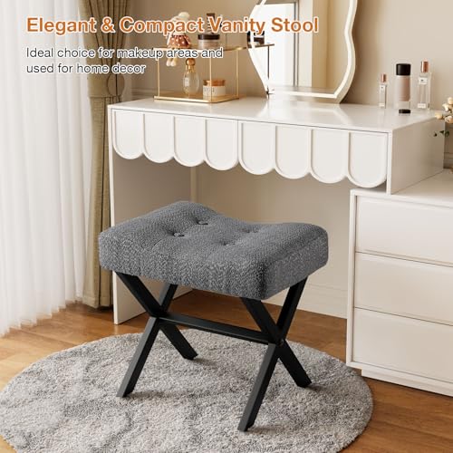 Image of Memobarco 18-Inch Large Vanity Stool Chair, Vanity Bench with Metal X-Legs, Ottoman Accent Stool with Breathable and Soft Boucle Fabric Saddle Seat, Grey