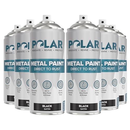 Polar Metal Spray Paint - 6 x 13.5 Fl oz | Satin Black | Protect and Stop Rust & Corrosion | Primer, Undercoat, Topcoat for Interior & Exterior Use | Black Spray Paint for Metal, Wood & Plastic