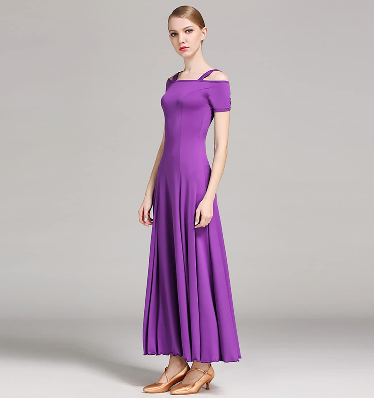 Kobieta? moda seksowna sukienka na ramię solidna długa sukienka na imprezę elegancka sukienka nowoczesna walc ubrania do tańca balowego taniec duża spódnica swingowa odzież performance (XXL, fioletowy)