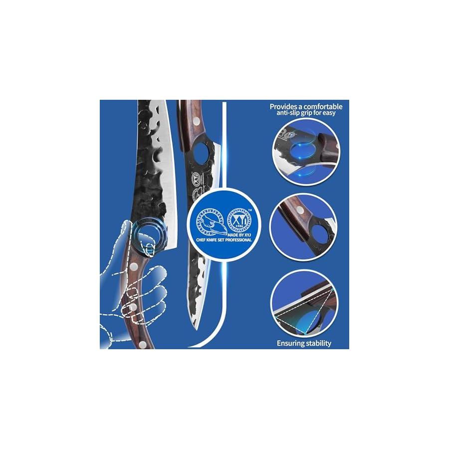 XYJ Professional Serbian Chef Knife Set with Roll Bag, Japanese Culinary Knives, Meat Cleaver, Kitchen Chopping Knife, and Protective Sleeves, Perfect for Home Cooking or Outdoor Camping