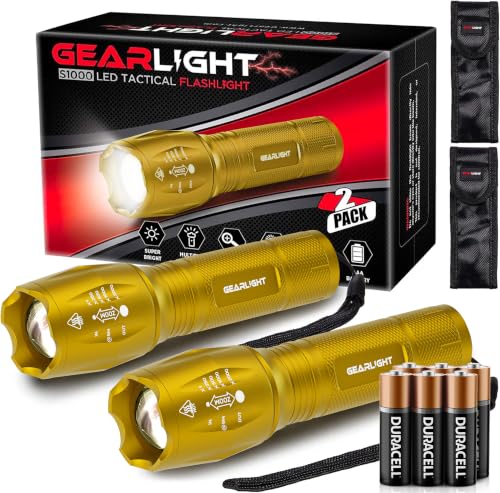 Image of GearLight LED Flashlight High Lumens, Mini Tactical LED Flashlight 2 Pack, 5 Modes Zoomable Beam, Battery Powered for Camping, Hunting, Home & Emergency, Compact Small LED Flashlight (Yellow)