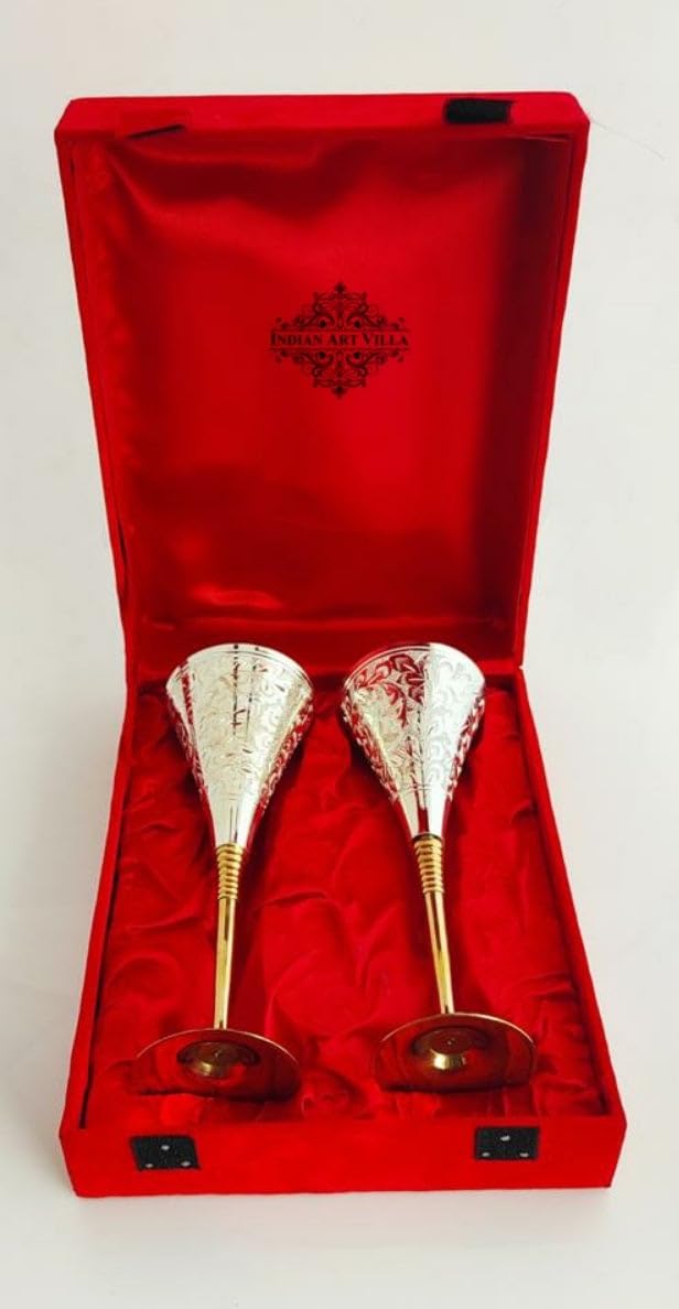 Indian Art Villa Silver Plated & Brass Champagne Engraved Wine Glass with Red Box, Best for Party, Wedding, anniversary, Gifted item, Volume- 6 Oz