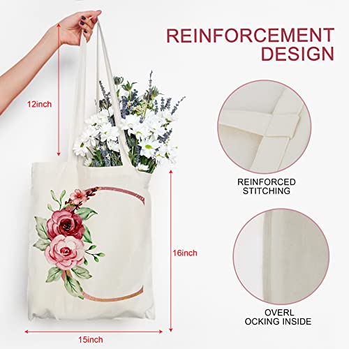 Beegreen Initial Canvas Tote Bag Floral Personalized Tote Bag For Women W 2 Pockets Monogram Gift Bag For Bridesmaid Wedding Bachelorette Party Reusable Grocery Shopping Bag Letter C #TOP1