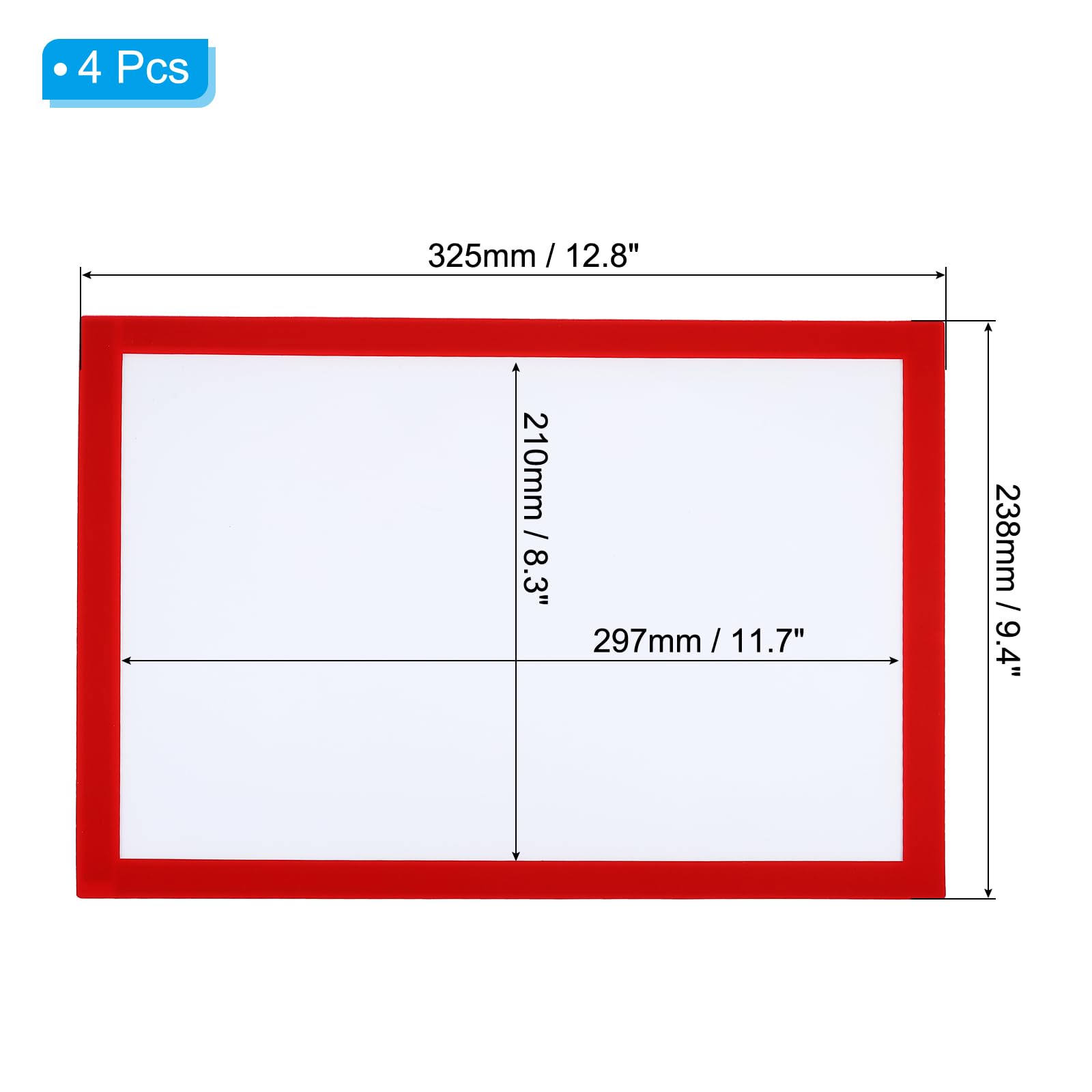Patikil Magnetyczna ramka na zdjęcia A4, 4-pak, samoprzylepna ramka ekspozycyjna wielokrotnego użytku, dwustronna, do lodówki, okna, ściany, zdjęć i grafik, czerwona