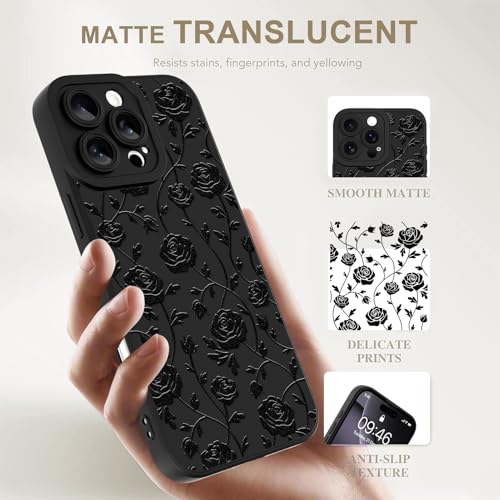 Image of Designed for iPhone 16 Pro Max Case, Cute Rose Flower Floral Pattern Design, Slim Soft TPU Liquid Silicone Protective Cover for Women Girls - Black