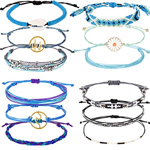 12 Pieces Wave Strand Bracelet Set Handmade Adjustable Friendship Bracelet Handcrafted Jewelry Women (Shell Daisy Style)