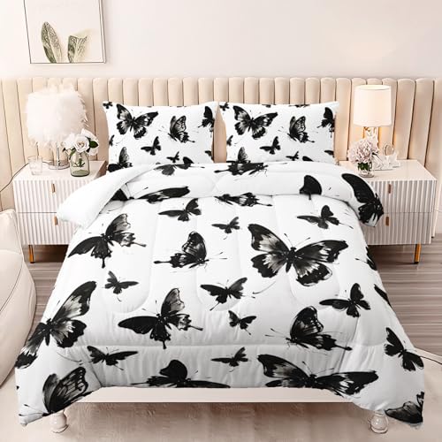 Image of AILONEN Queen Monochrome Butterfly Comforter Set, Black White Ink Wash Bedding, Minimalist Nature Decor, Lightweight Cozy Microfiber Luxury Guest Master Bedroom