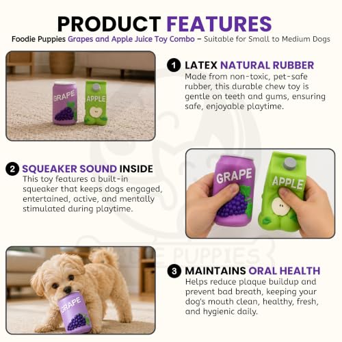 Image of Foodie Puppies Natural Latex Squeaky Play Drink Chew Toy Combo of 2 (Grapes and Apple Juice Toy) for Small to Medium Dogs | Durable, Interactive, Fetch & Chew Safe Play Toy
