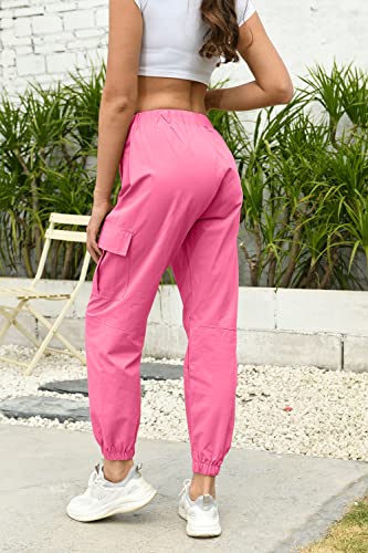 Aowkulae Women Cargo Pants, Tapered Joggers Drawstring Elastic Waist Loose Pants With Pockets For Women, Rose Pink, Size Us Small #TOP4