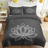 Genérico Funda Nordica Cama 135-200 x 200 cm, Delicado Líneas Loto para Amantes Flores, Gris, Minimalista, Suave Microfibra Juego de Funda Edredon, Reversible, Transpirable