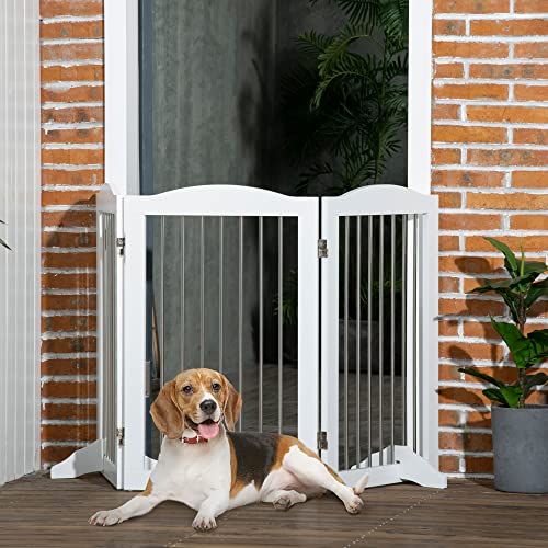 PawHut Absperrgitter Hund Freistehendes Schutzgitter mit Füßen 154 x 80 cm Hundegitter Klappbar Treppenschutzgitter Treppengitter Hundeabsperrgitter für Treppen, Türen, Küche, Flur, 3 Paneelen, Weiß