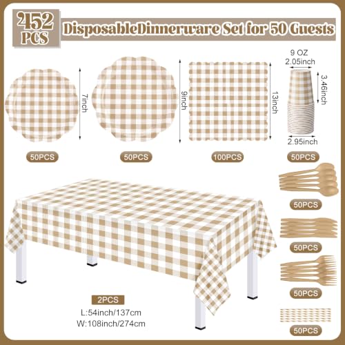 Image of Funnymoom 452 Pcs Brown Gingham Party Supply for 50, Beige Plates Napkins