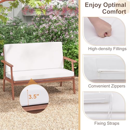 Tangkula 4 Piece Outdoor Conversation Set, Acacia Wood Sofa Set with Soft Seat & Back Cushions, Rectangle Coffee Table Patio Wood Furniture Set for Backyard, Poolside, Garden (1, Off White)