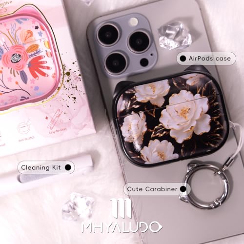 Image of for AirPods Pro 2 Case with Cleaning Kit, Cute Cat Ear Print Design & Cute Buckle for Girls, Phone Holder & Top Safe Lock Buckle Design for AirPods Pro 2nd /1st Gen case, Black Peony