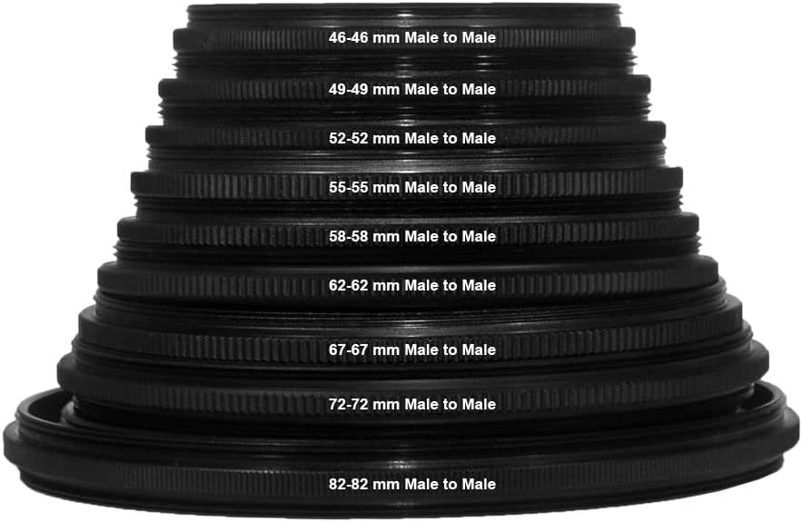 9 Pieces Filter Ring Adapter Set, Camera Lens Male to Male Metal Stepping Rings Kit (Includes 9pcs Male to Male Set 46-46mm 49-49mm 52-52mm 55-55mm 58-58mm 62-62mm 67-67mm 72-72mm 82-82mm) Black