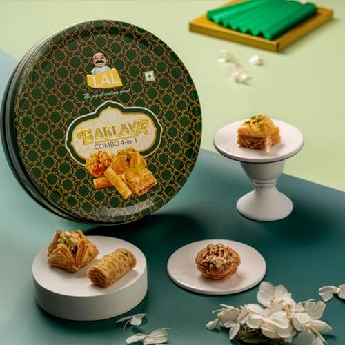 Image of Lal Sweets Baklava (4-in-1) Tin - 400g Assorted Baklawa | with Rakhi | Turkish Baklav Sweet Gift for Rakshabandhan | Includes Finger, Square, Pyramid & Rose Baklava Inside | Serves in 16 Pcs