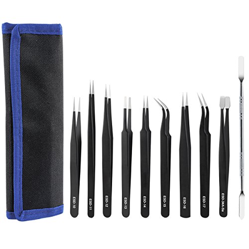 Batech 10 pcs Brucelles Precision Pincettes ESD antistatique en Pince à épiler Acier inoxydable kit pour appareils électroniques, bijoux, laboratoires, travaux Détaillés, réparer, DIY Cover