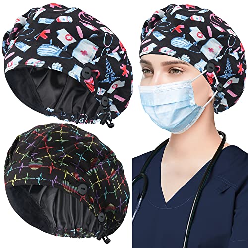 ABAMERICA 2 Pack Bouffant Caps with Button and Sweatband, Adjustable Scrub Caps for Women Men, One Size Multi Color A-98 2pack Satin Lined N Care+ H Beating Satin Lined