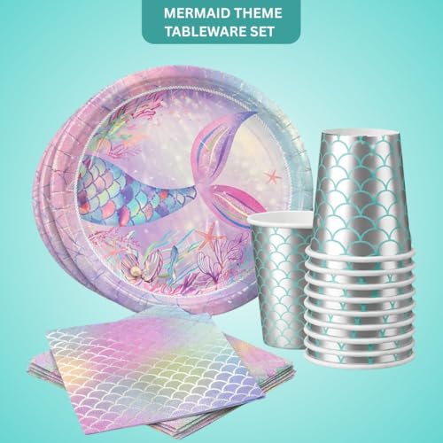 Image of Wanna Party 40Pcs Mermaid Theme Birthday Decorations Under the Sea Party Tableware Includes Mermaid Plates, Mermaid Napkins and Mermaid Cups for Mermaid Theme Party Decorations