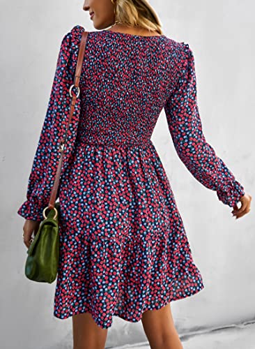 Image of KIRUNDO Long Sleeve Dress for Women 2025 Summer Fall Wedding Guest Smocked Floral Crewneck Ruffle A Line Flowy Mini Dress
