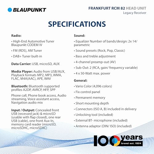 Blaupunkt Frankfurt RCM 82 DAB,1-DIN Autoradio, DAB+, Bluetooth, AUX; USB, SD-Karteneingang, Lenkradfernbedienung, Freisprecheinrichtung, Equalizer, 200 Watt, schwarz