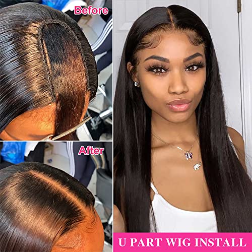 Canaryfly U Part Wigs Human Hair Wigs For Black Women Brazilian Straight Human Hair Wigs None Lace Front Wigs Glueless Natural Color U-Part Wigs Hair Extension Clip(20Inch, U-Part Wig) #TOP1