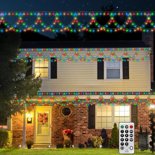 10M 380LED Outdoor Christmas Icicle lights Plug In,Hanging Window Icicle Light Half-Round Christmas Fairy String Lights Outdoor Eaves Light Connected,Dark Green Wire,Waterproof for Outside Roof (RGB)