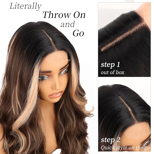 Image of AISI HAIR Dark Brown Mixed Light Blonde Wig for Women, Long Wavy Lace Hairline Middle Part Synthetic Heat Resistant Wig for Daily Party-26 Inch