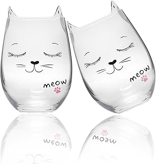 Hirdbrote Stemless Wine Glasses Drinking Glasses Wine Gifts For Women Funny Wine Glass Carafe, Cat Ear Water Cute Beer Gifts For Juice Cups Bridal Shower Gift 16oz (Quiet x2)