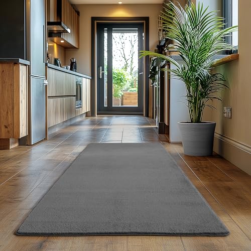 SIMPEX Läufer Teppich Grau 80x150 cm Kurzflor Teppich Waschbar, weich & rutschfest, modernes einfarbiges Design für Schlafzimmer, Küche & Flur