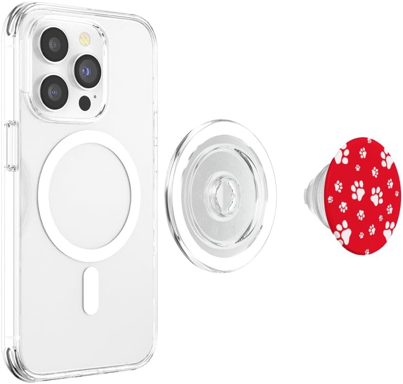 Dog Paw Print Cat Paw White Red Background PopSockets MagSafe PopGrip for iPhone