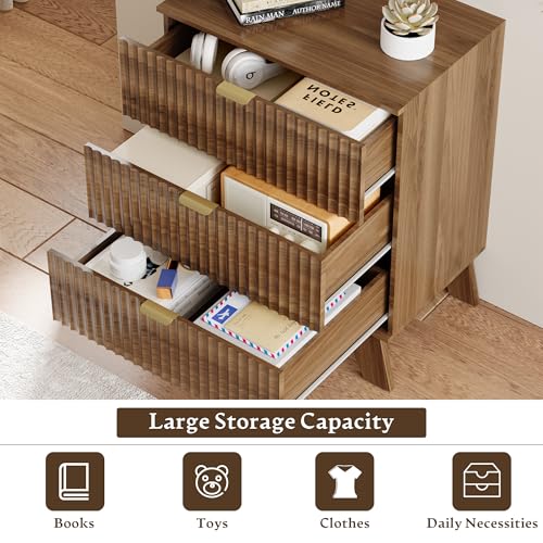 Image of HUANLEGO Fluted Nightstand with 3 Drawer for Bedroom, Walnut | Mid Century Modern Beside Table with Metal Handle, Wooden End Table with 3 Drawers for Living Room, Closet, Entryway