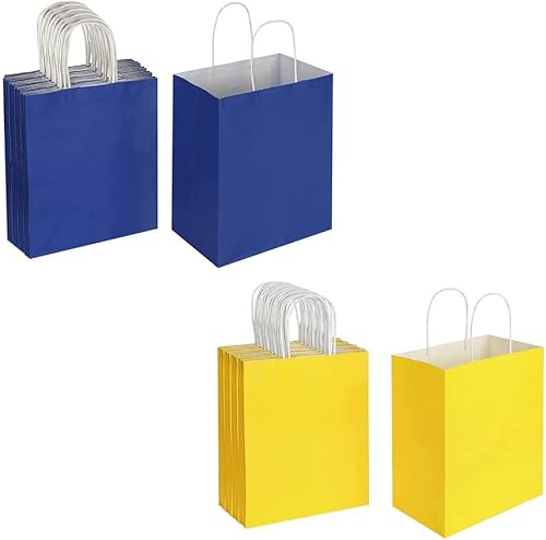 Oikss Cada paquete de 50 bolsas de regalo de papel kraft medianas azul y amarillo con asas a granel
