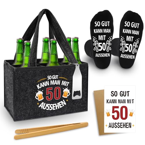 Shining She Geschenk 50 Geburtstag Mann Männerhandtasche Bier, Filz Flaschentasche 6 Flaschen mit Flaschenöffner Eiszange Bier Socken Grußkarten, 50 Geburtstag Geschenk für Familie Freund Kollegen