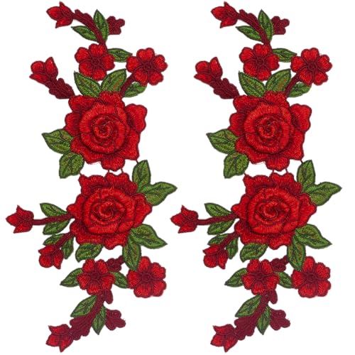 GORGECRAFT 2 Stück Rote Blumen Stickerei Applikation Mit Rosenblüte Zum Aufnähen Blumenstrauß Boho Liebe Dekorative Stickerei Nähflicken...