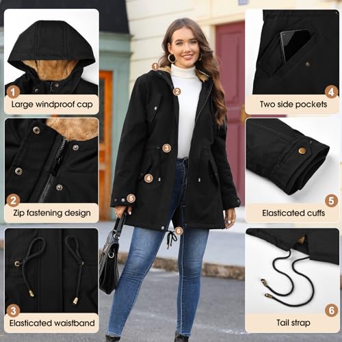 Vancavoo Winterjacke Damen Winter Warm Winterparka Gefüttert Mantel Parka Herbst Kapuzenmantel Frauen Wintermantel,Schwarz,L