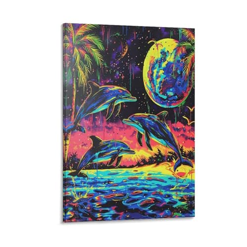 Décoration murale dauphins : tableau impression sur toile salon et couloir premium 50x75cm