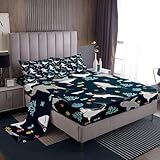 Erosebridal Boys Shark Bed Sheets Twin,Cartoon Grey Shark Bed Sheet Set Cartoon Coastal Bedding Ocean Animal Sheet Set for Kids Toddler,Coral Fish Decor Fitted Sheet + Flat Sheet + 1 Pillow Case