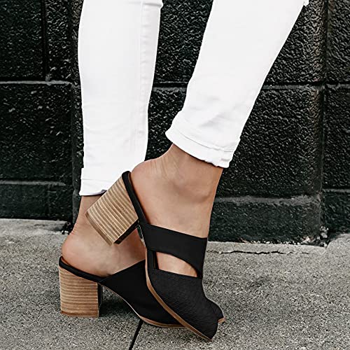 Syktkmx Womens Cutout Backless Chunky Stacked Mules Slip On Closed Toe Scale Heeled Sandal Shoes Black #TOP6