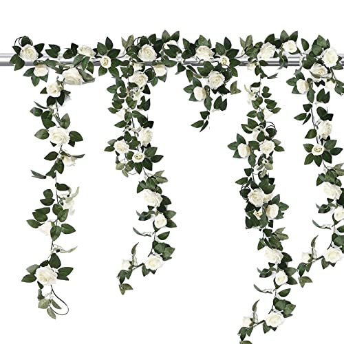2 Pack 7.2FT Artificial Rose Garland, Artificial Flower Vine Hanging Rose Garlands for Outdoor Indoor Wedding Wall Badroom Decoration (White)