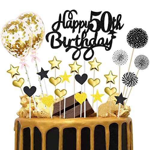Happy 50th Birthday Cake Toppers Black Gold Glitter Happy Birthday Cake Topper 50th with Star Heart Paper Fan Balloon 25pcs Birthday Cupcake Topper for Men Him Fifty Anniversary Birthday Party Decor