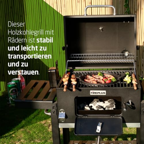 Amig - Holzkohlegrill- Fireplus Tragbarer Barbacue - Grill mit Rädern und Seitenablagen - Belüftungssystem und Aschebehälter - Stahlgrill 57 x 42 cm - Maße: 116-5 x 13-1 x 56 cm