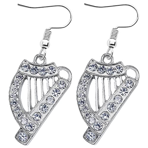 Charm Buddy Ireland Irish Flag Tricolour Claddagh Ring Shamrock Saint Patricks Day St Paddys Day Celtic Novelty Dangly Earrings with Gift Bag Celtic Irish Jewellery Jewelry (2. Rhinestone Harp)